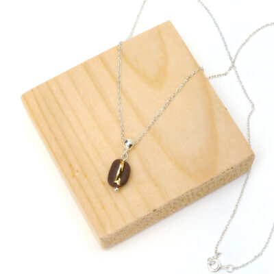 Ketting met porseleinen Koffieboon met echt goud (glanzend) & sterling zilveren ketting 45cm