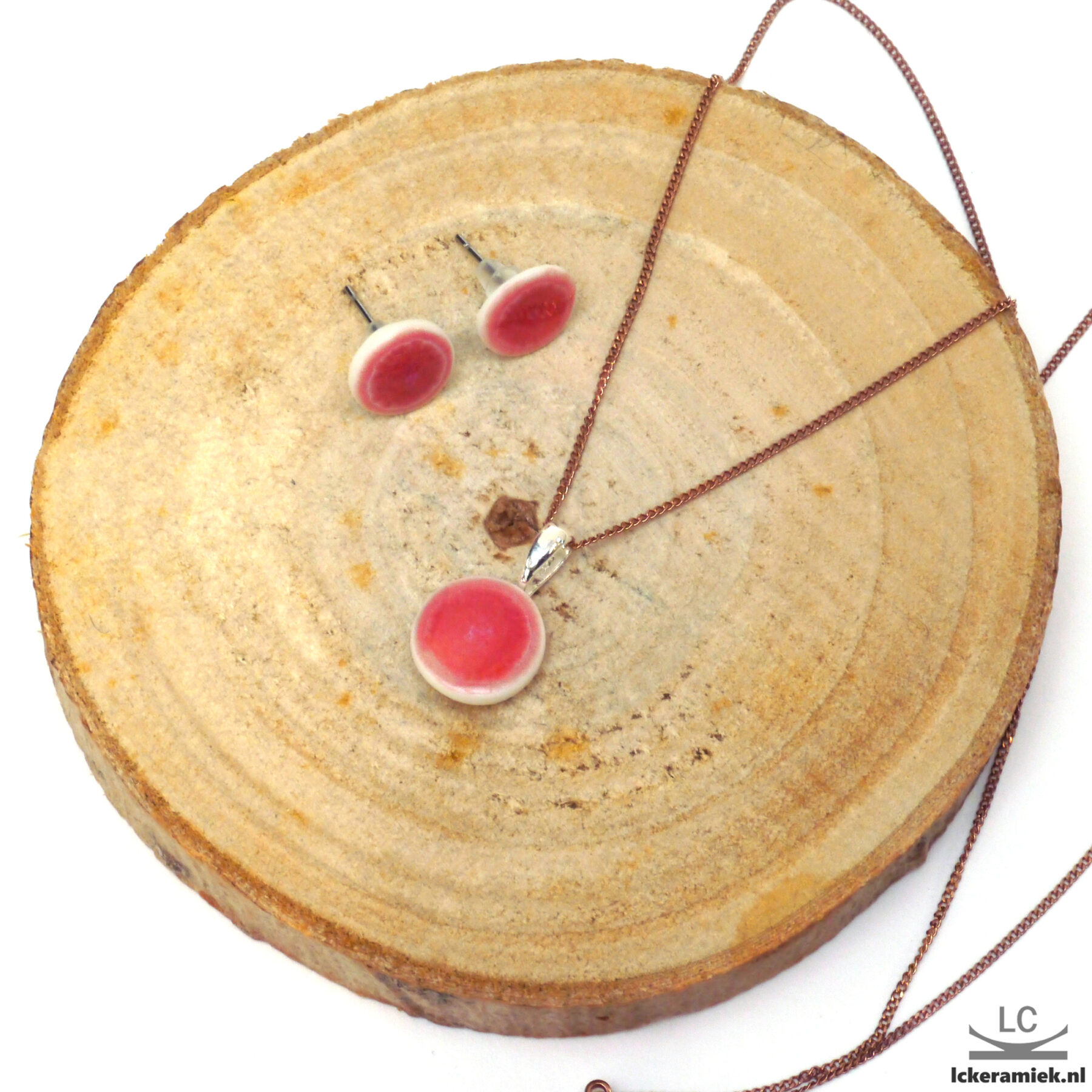Sieraden set ketting met Porseleinen hanger en porseleinen stekers - roze - chirurgisch staal